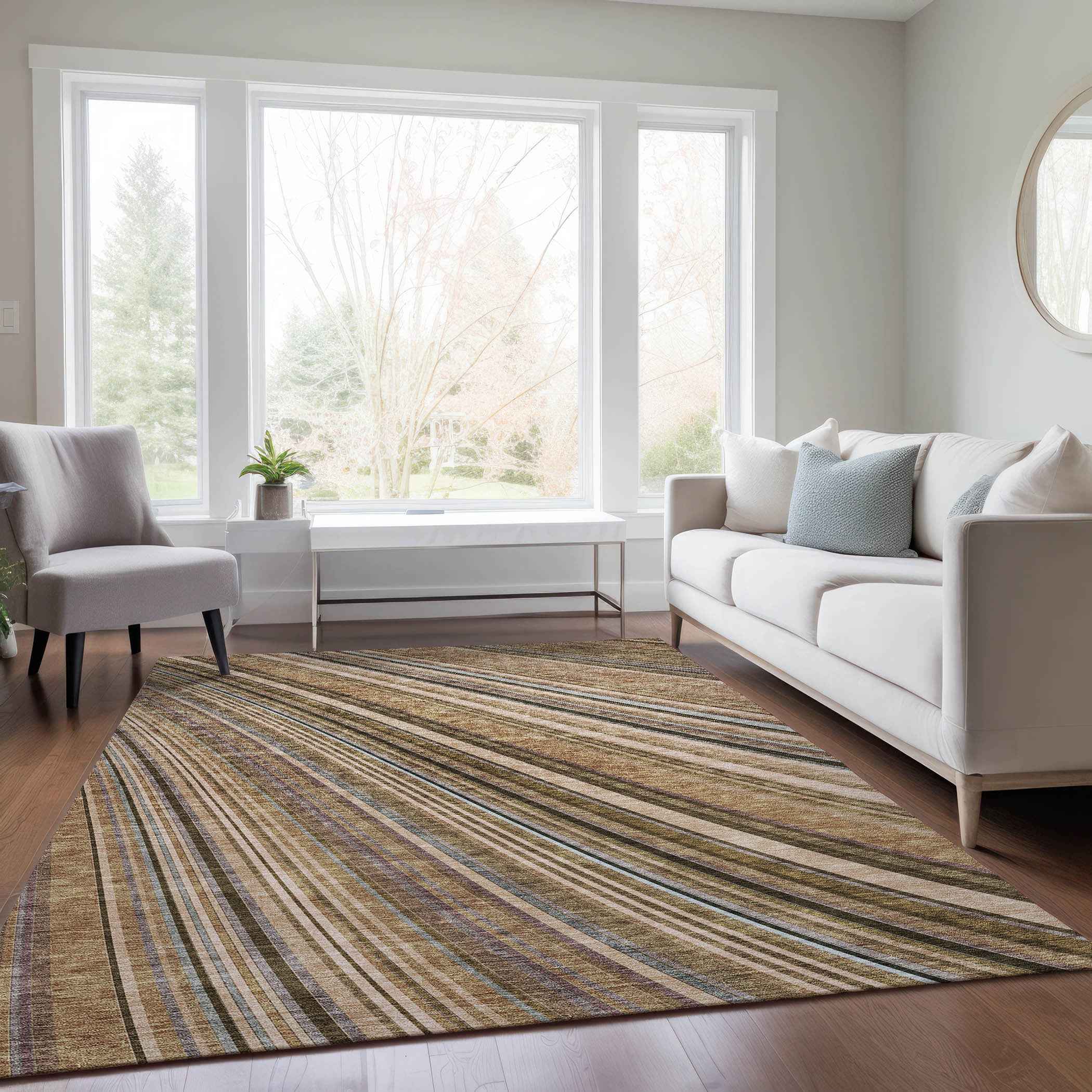 8' X 10' Taupe Beige And Brown Striped Washable Indoor Outdoor Area Rug