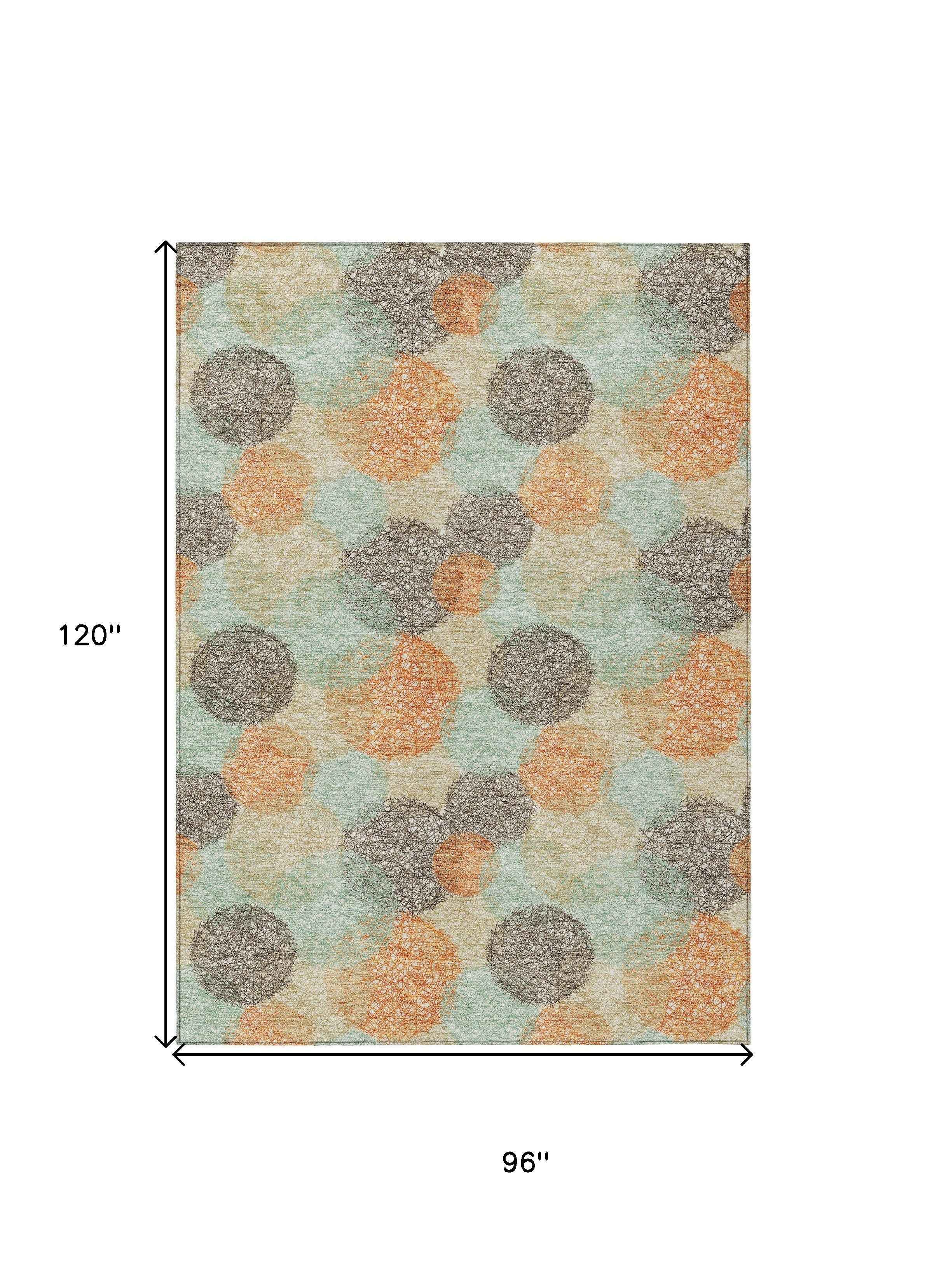 8' X 10' Beige Aqua And Orange Polka Dot Washable Indoor Outdoor Area Rug