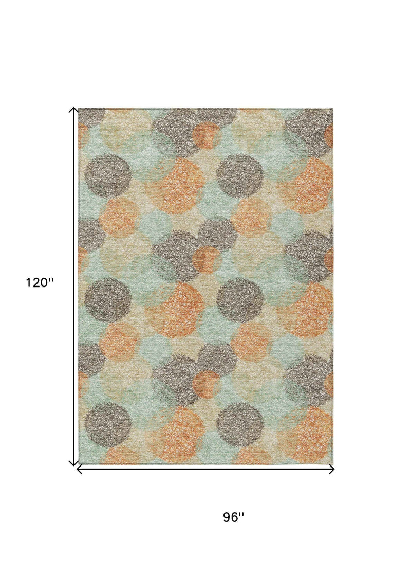 8' X 10' Beige Aqua And Orange Polka Dot Washable Indoor Outdoor Area Rug
