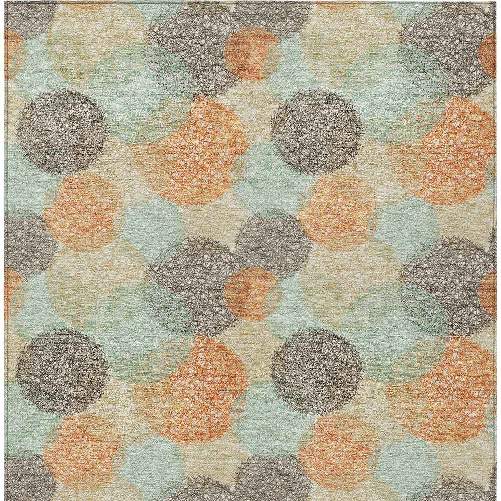 8' X 10' Beige Aqua And Orange Polka Dot Washable Indoor Outdoor Area Rug