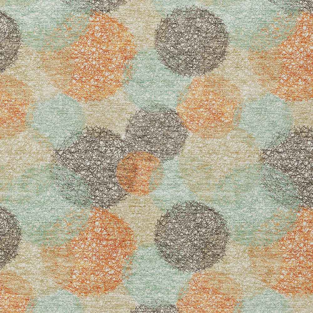 8' X 10' Beige Aqua And Orange Polka Dot Washable Indoor Outdoor Area Rug