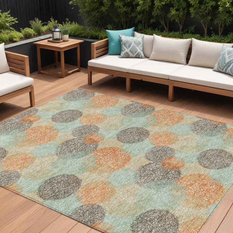8' X 10' Beige Aqua And Orange Polka Dot Washable Indoor Outdoor Area Rug