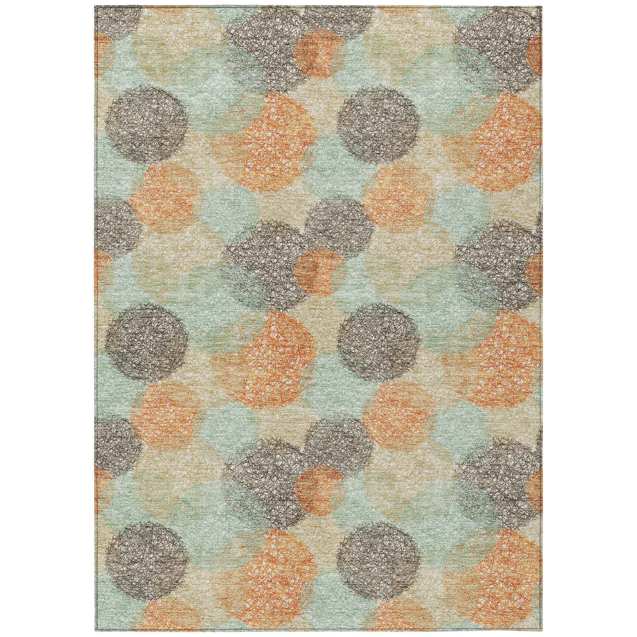 8' X 10' Beige Aqua And Orange Polka Dot Washable Indoor Outdoor Area Rug
