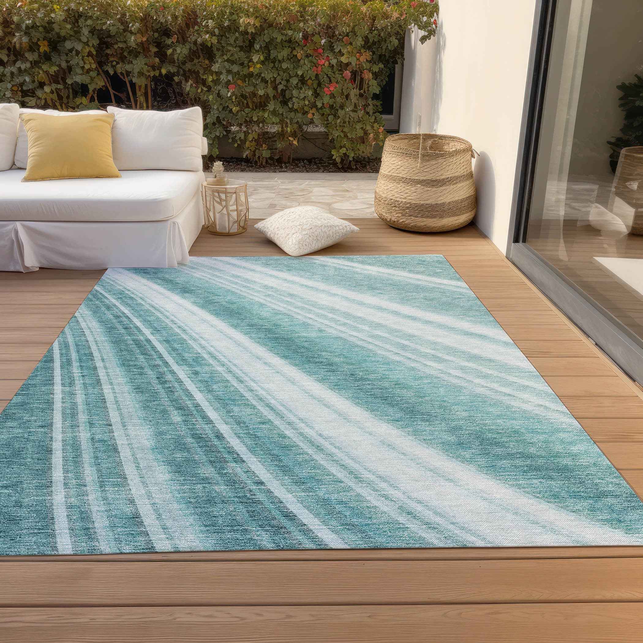 10' X 14' Teal Blue Turquoise And Aqua Striped Washable Indoor Outdoor Area Rug