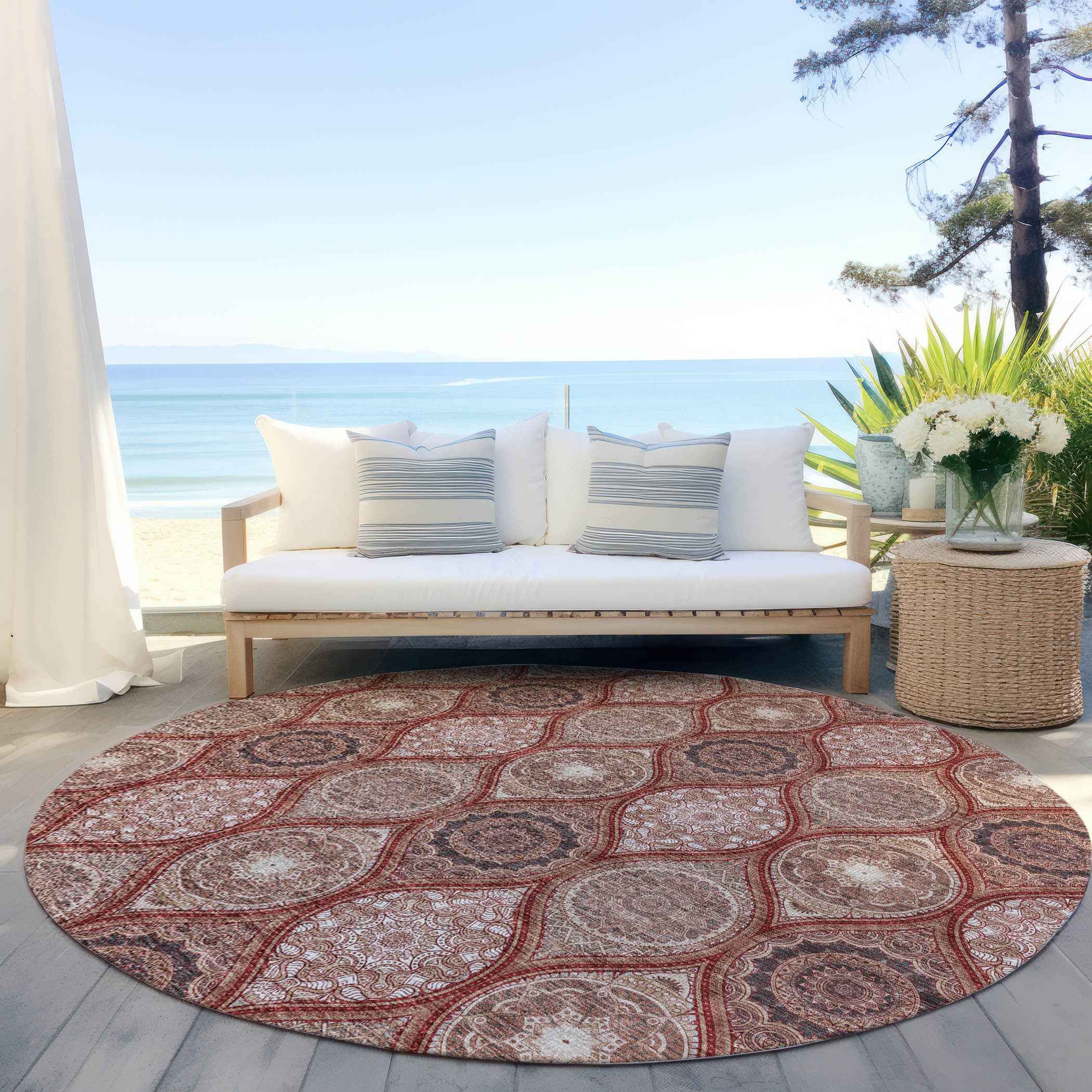 8' Orange Beige And Gray Round Floral Medallion Washable Indoor Outdoor Area Rug
