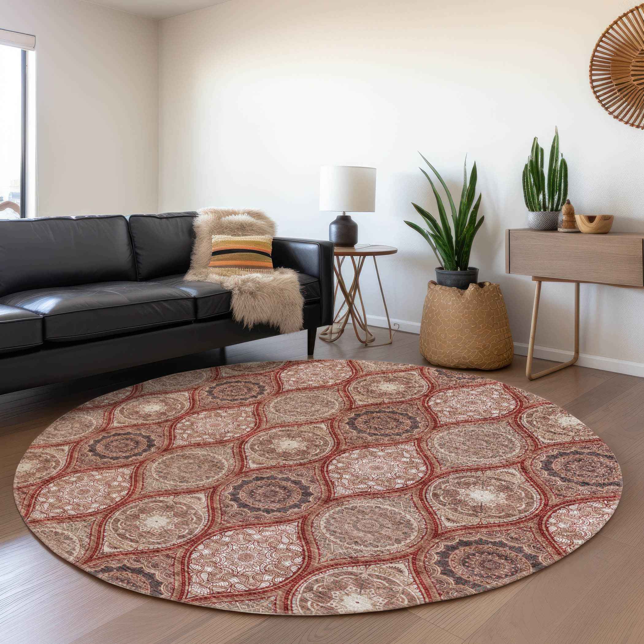 8' Orange Beige And Gray Round Floral Medallion Washable Indoor Outdoor Area Rug