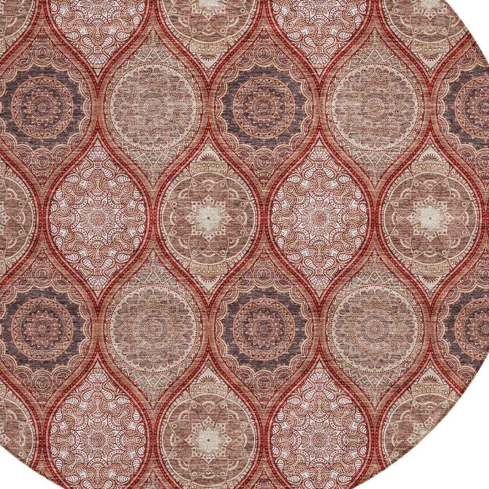 8' Orange Beige And Gray Round Floral Medallion Washable Indoor Outdoor Area Rug