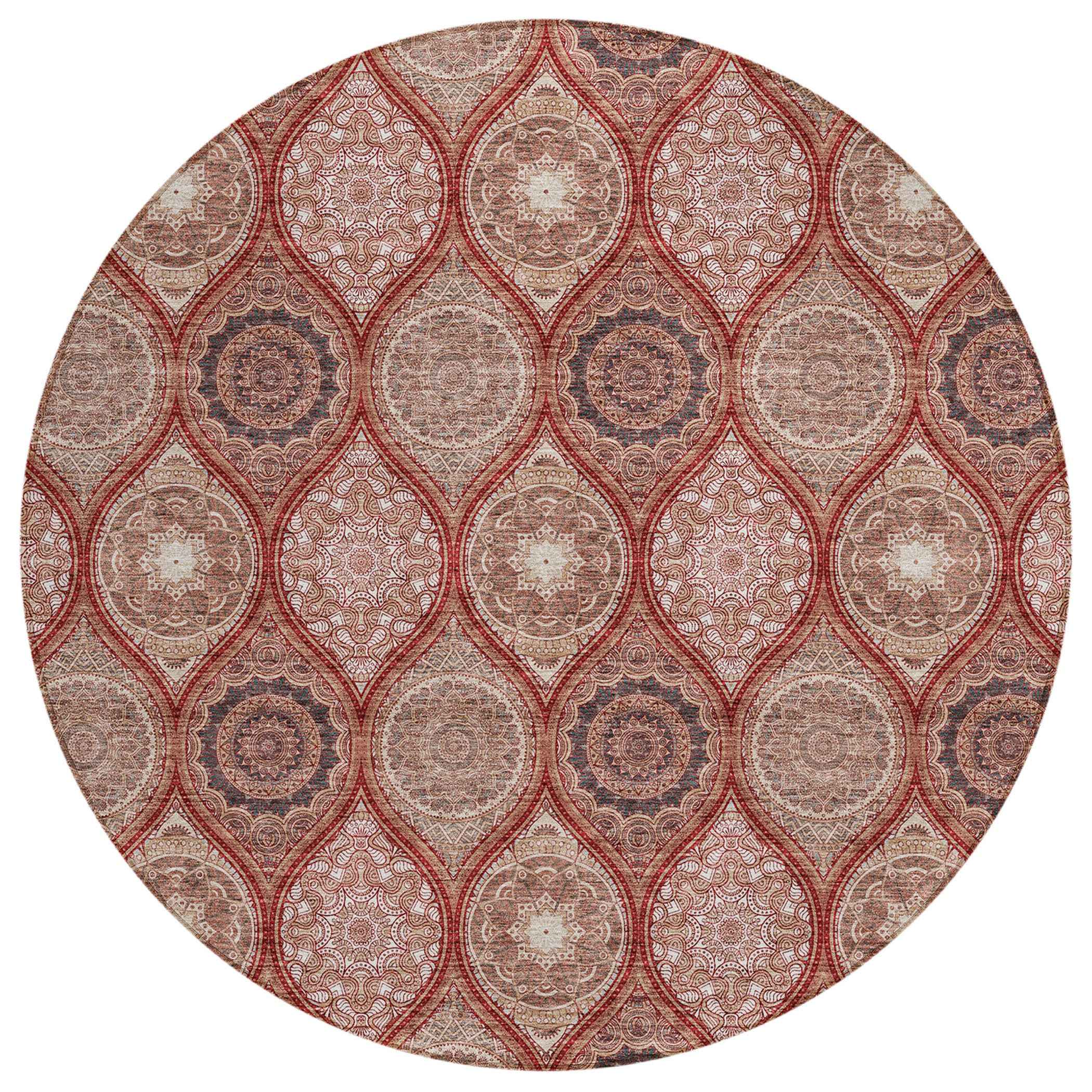 8' Orange Beige And Gray Round Floral Medallion Washable Indoor Outdoor Area Rug