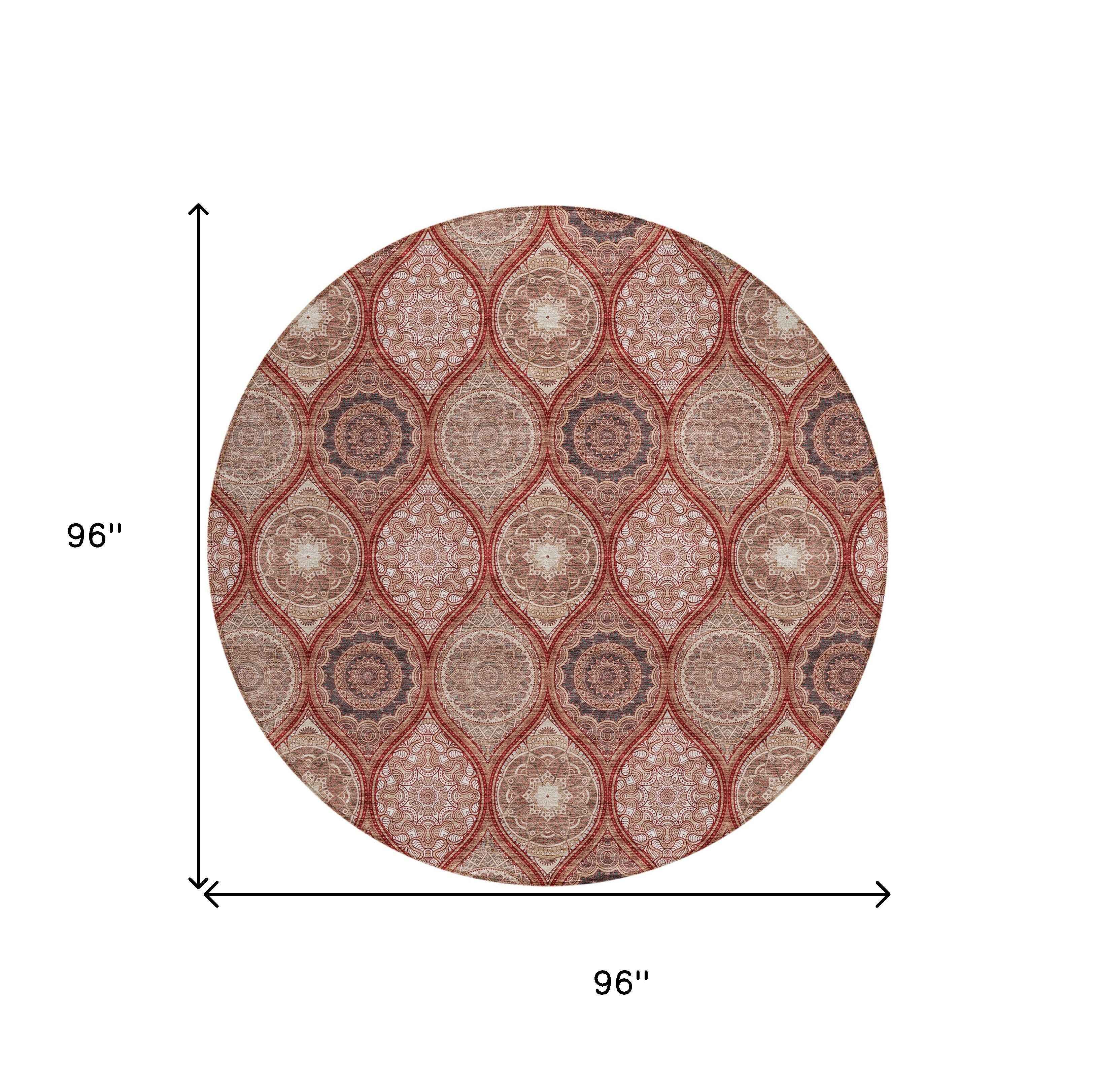 8' Orange Beige And Gray Round Floral Medallion Washable Indoor Outdoor Area Rug