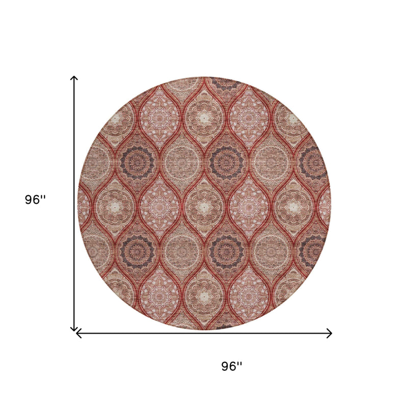 8' Orange Beige And Gray Round Floral Medallion Washable Indoor Outdoor Area Rug