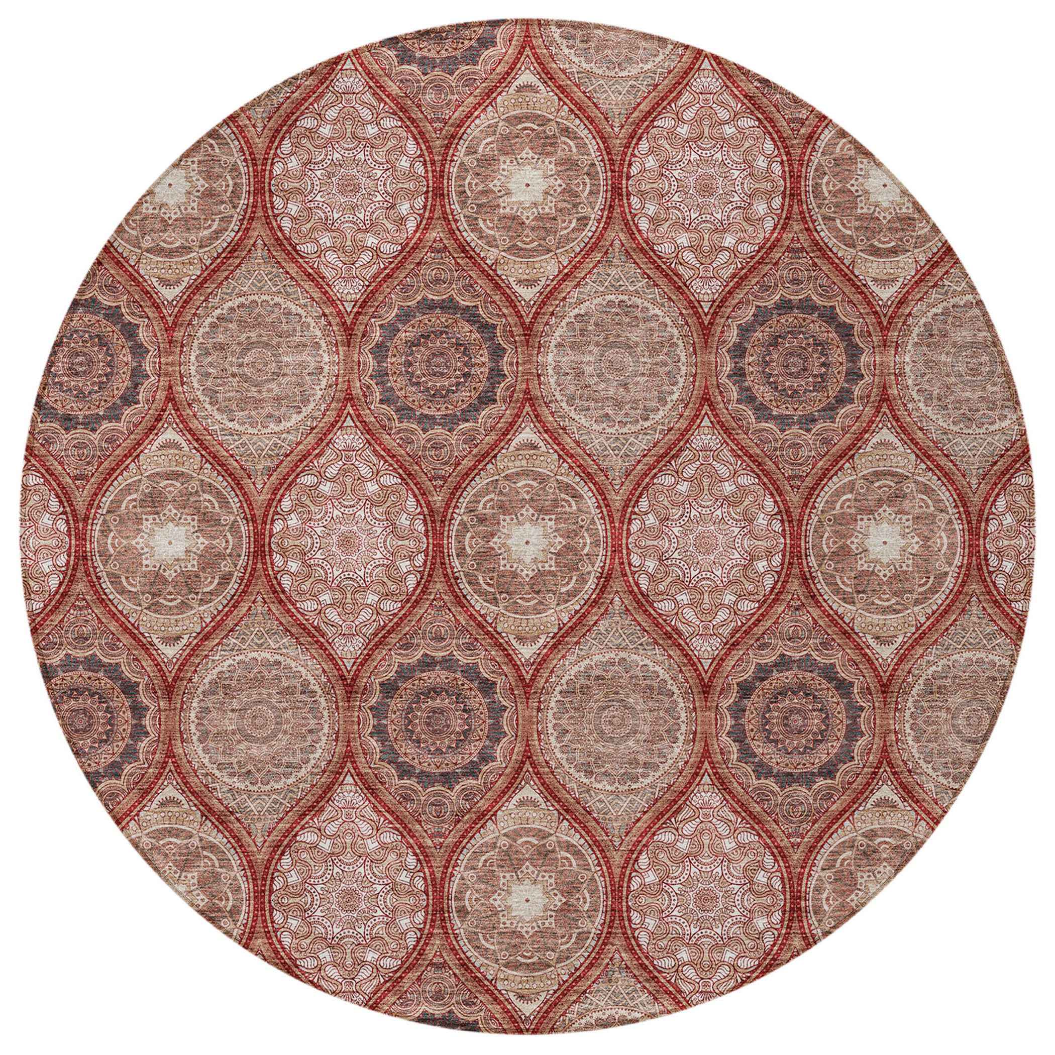 8' Orange Beige And Gray Round Floral Medallion Washable Indoor Outdoor Area Rug
