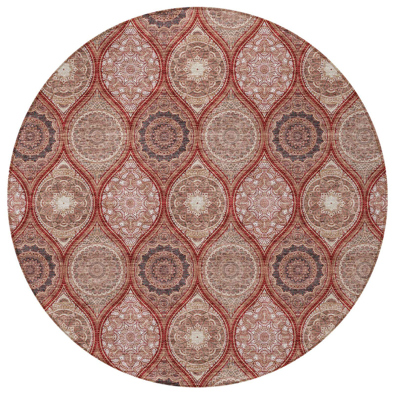 8' Orange Beige And Gray Round Floral Medallion Washable Indoor Outdoor Area Rug