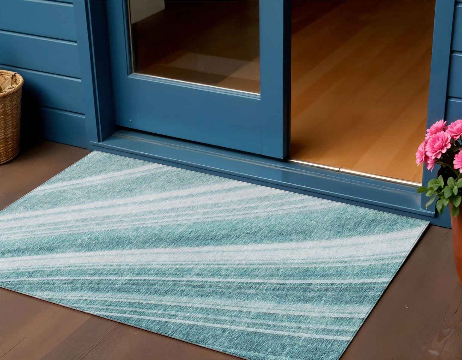 3' X 5' Teal Blue Turquoise And Aqua Striped Washable Indoor Outdoor Area Rug