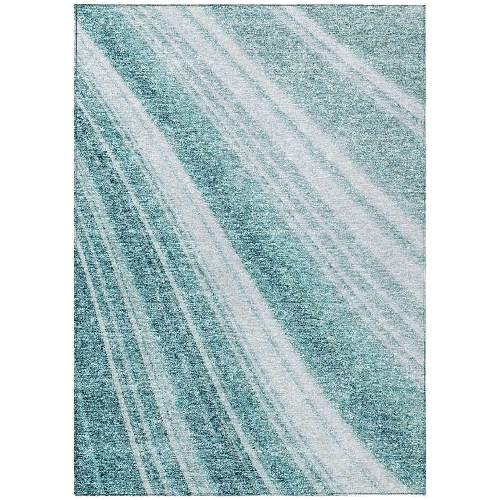 3' X 5' Teal Blue Turquoise And Aqua Striped Washable Indoor Outdoor Area Rug