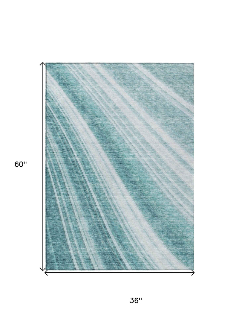 3' X 5' Teal Blue Turquoise And Aqua Striped Washable Indoor Outdoor Area Rug