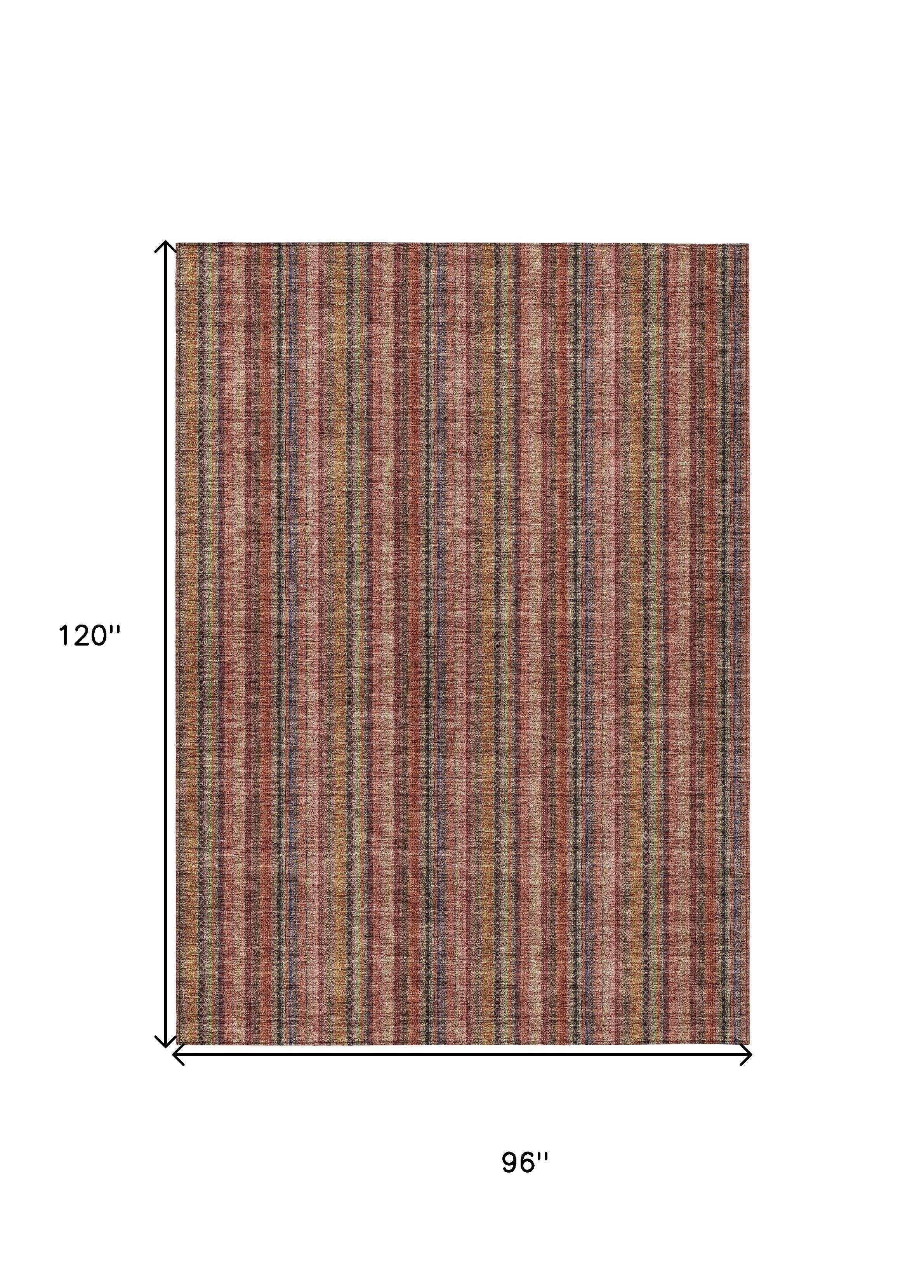 8' X 10' Blush Burgundy And Pink Striped Washable Indoor Outdoor Area Rug