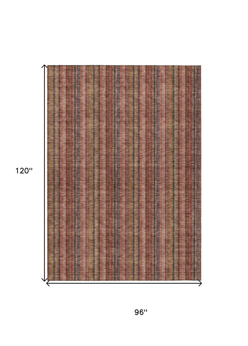 8' X 10' Blush Burgundy And Pink Striped Washable Indoor Outdoor Area Rug