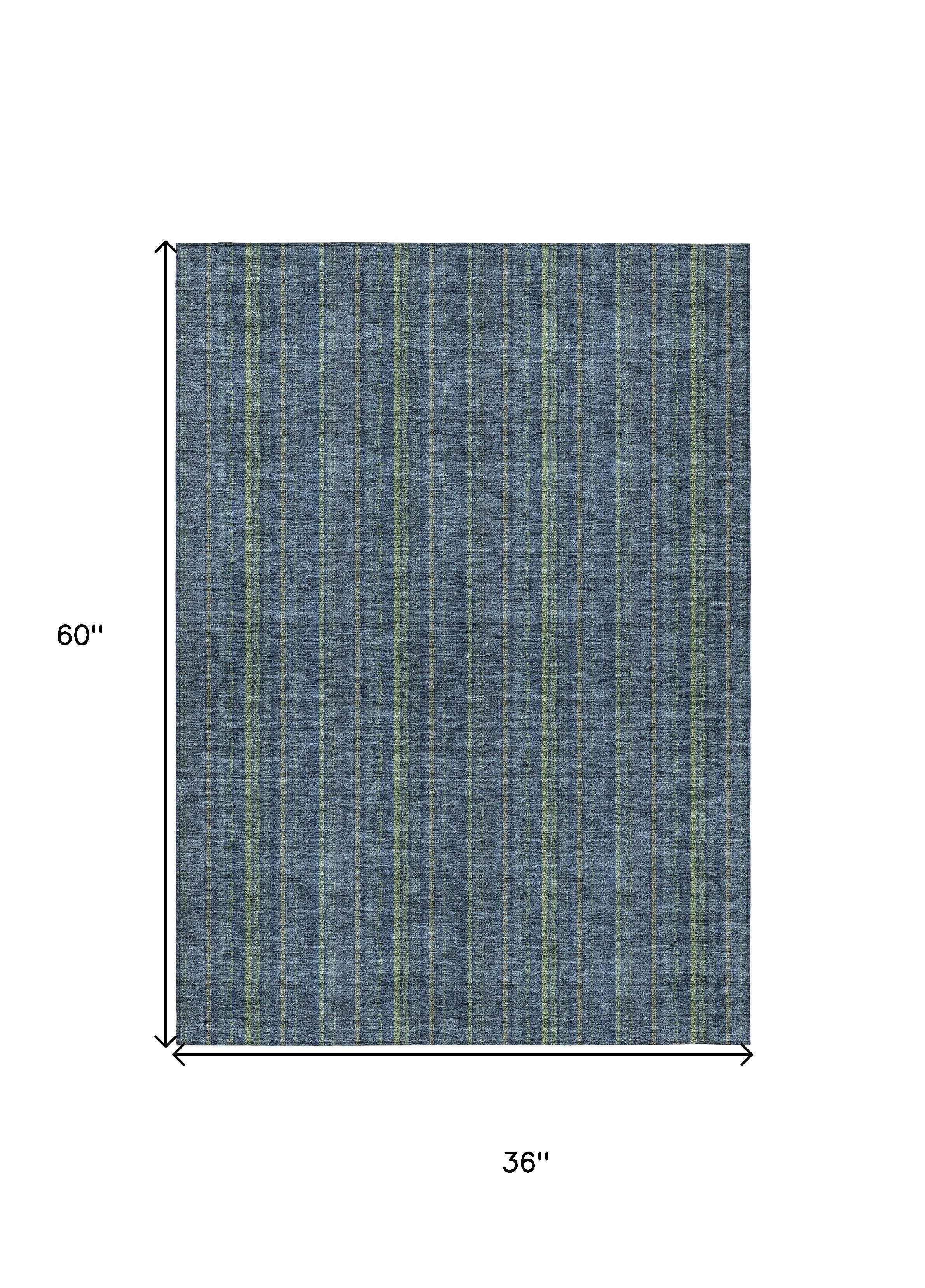 3' X 5' Blue Denim Blue And Mint Green Striped Washable Indoor Outdoor Area Rug
