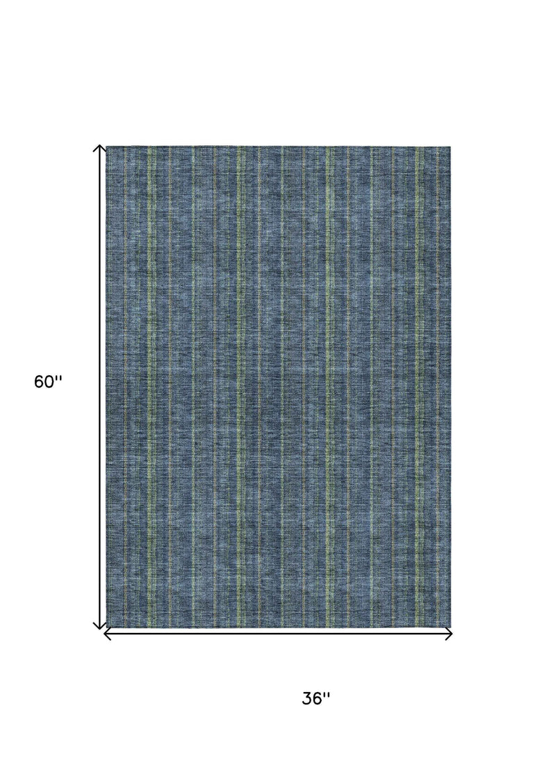3' X 5' Blue Denim Blue And Mint Green Striped Washable Indoor Outdoor Area Rug