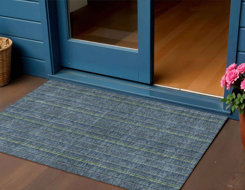 3' X 5' Blue Denim Blue And Mint Green Striped Washable Indoor Outdoor Area Rug