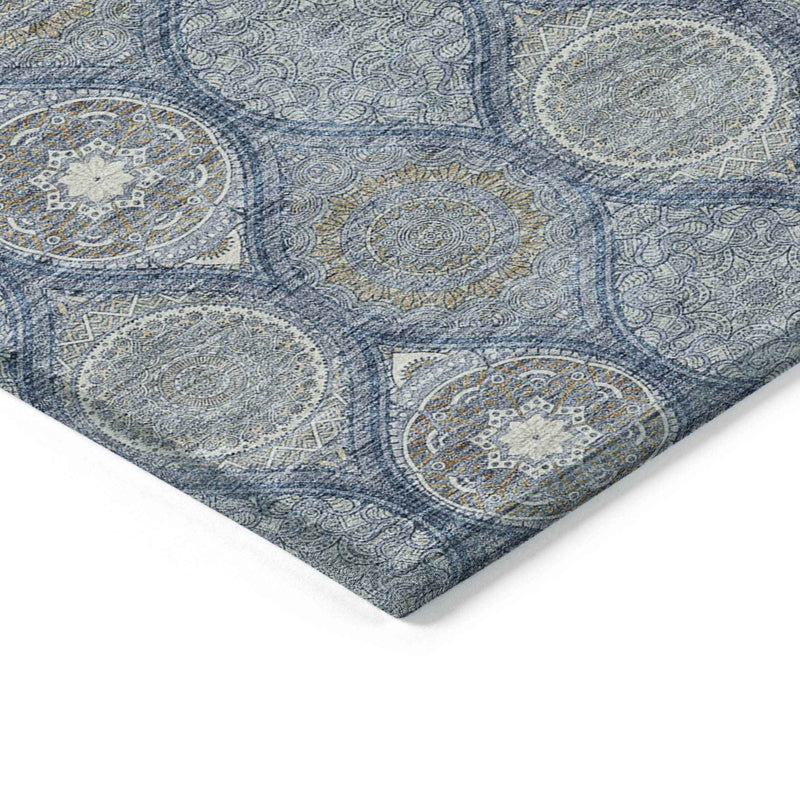 3' X 5' Navy Blue Ivory And Taupe Floral Medallion Washable Indoor Outdoor Area Rug