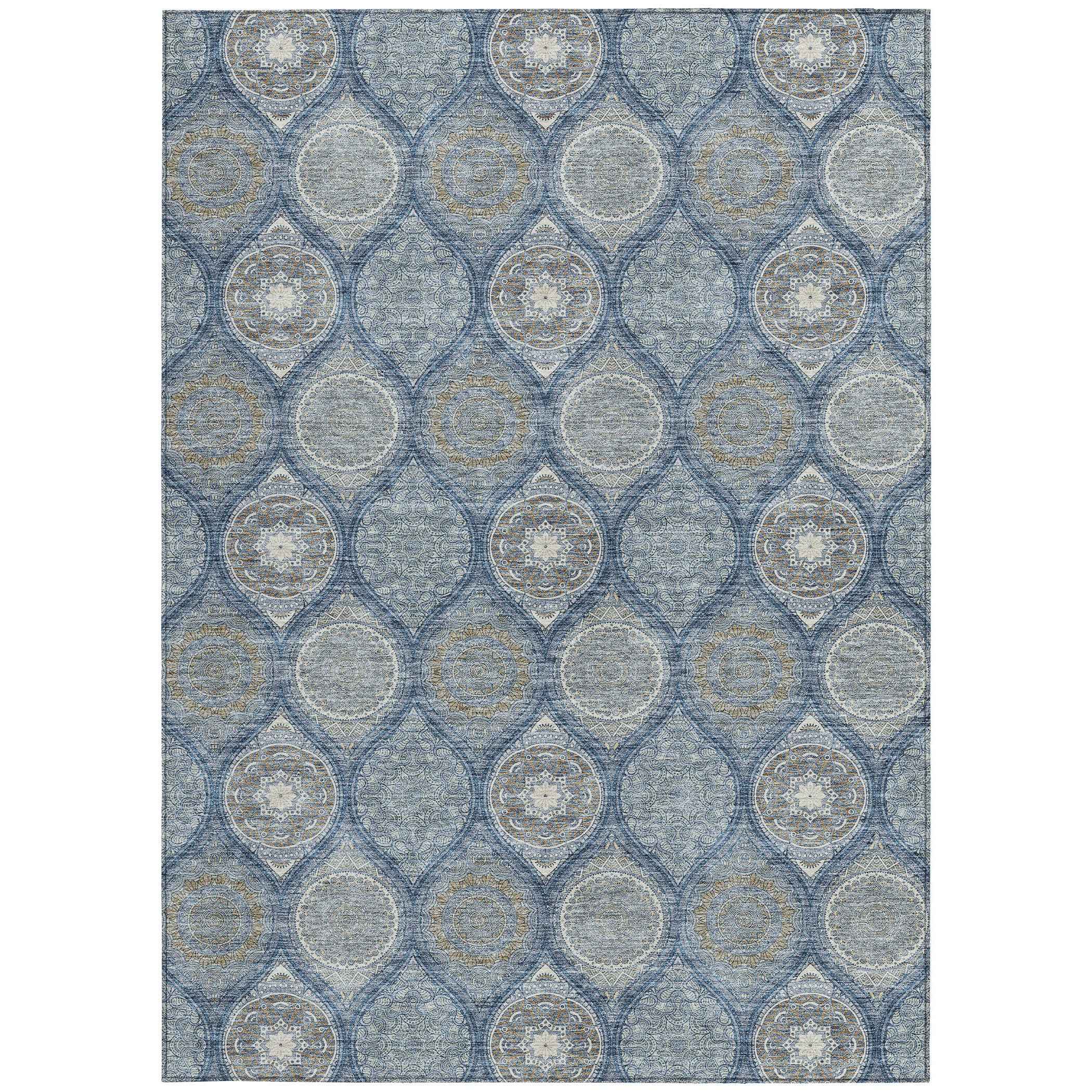 3' X 5' Navy Blue Ivory And Taupe Floral Medallion Washable Indoor Outdoor Area Rug