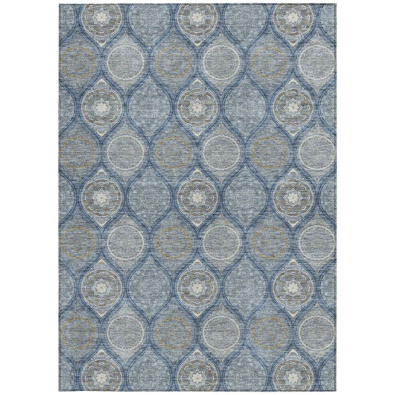 3' X 5' Navy Blue Ivory And Taupe Floral Medallion Washable Indoor Outdoor Area Rug