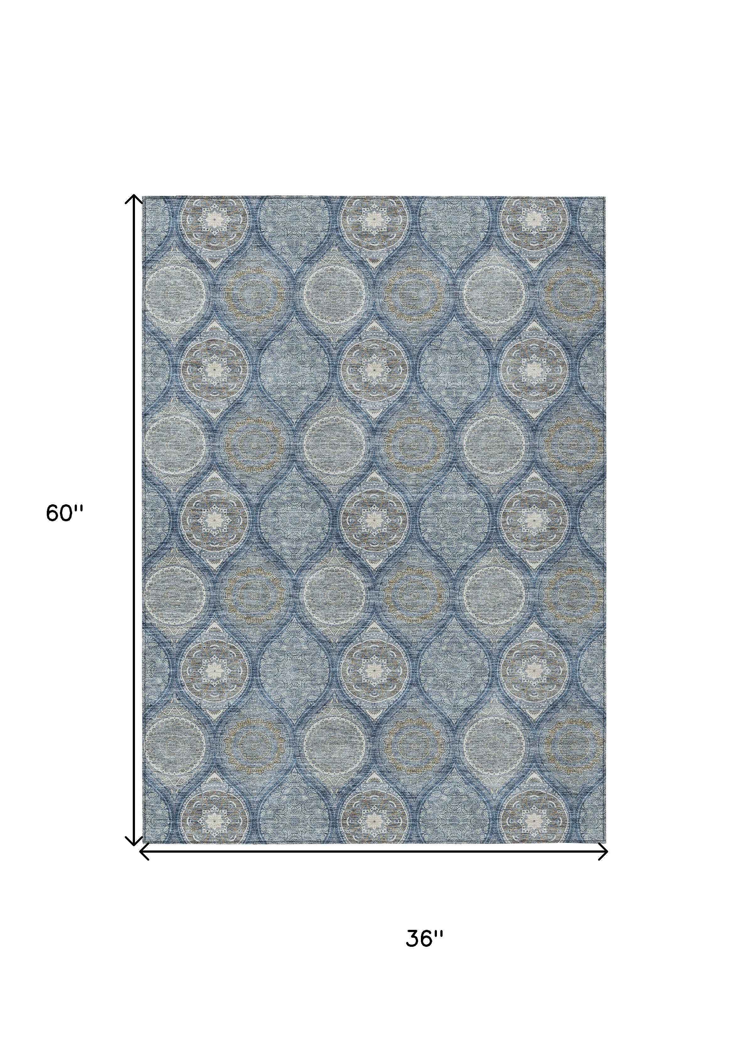 3' X 5' Navy Blue Ivory And Taupe Floral Medallion Washable Indoor Outdoor Area Rug