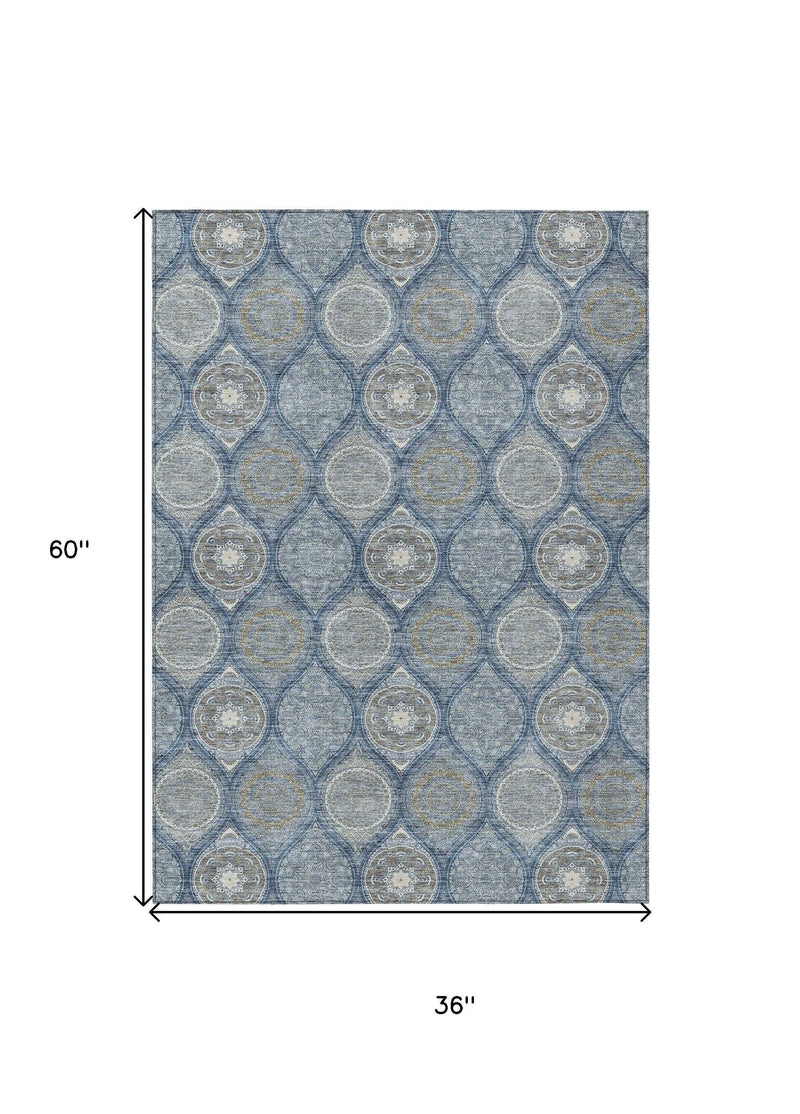 3' X 5' Navy Blue Ivory And Taupe Floral Medallion Washable Indoor Outdoor Area Rug