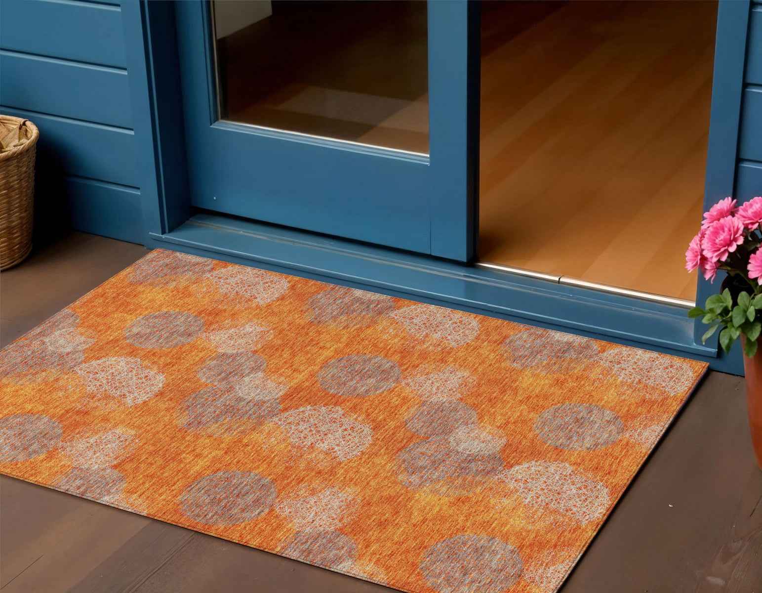 3' X 5' Orange Silver And Peach Polka Dot Washable Indoor Outdoor Area Rug