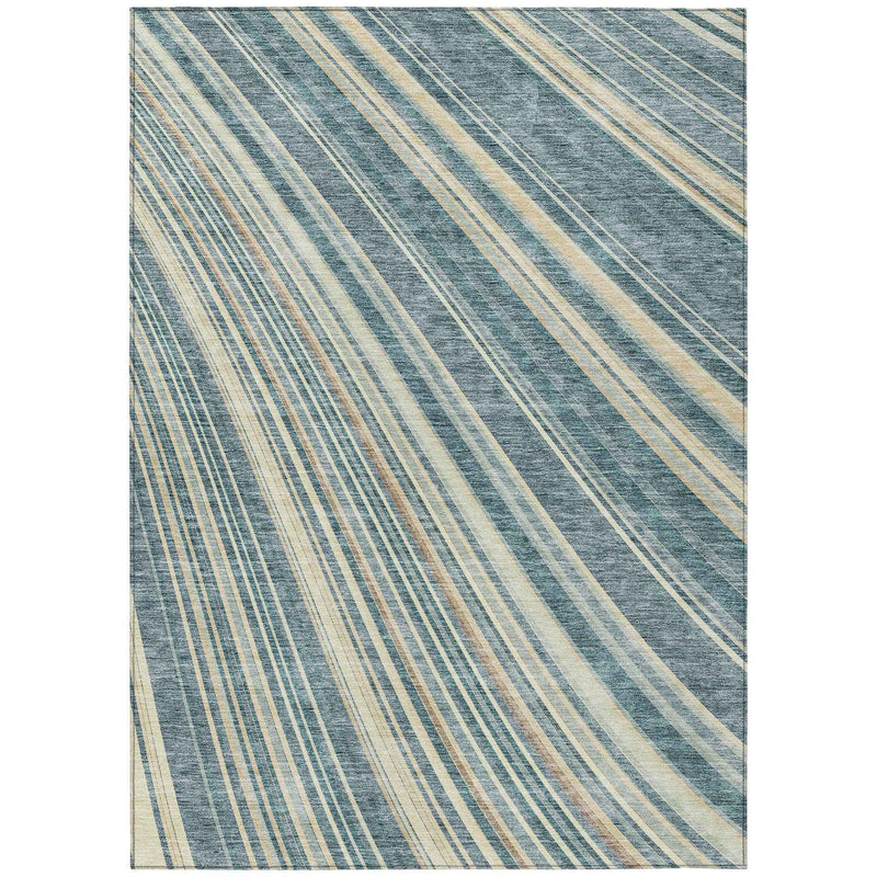 3' X 5' Sky Blue Beige And Tan Striped Washable Indoor Outdoor Area Rug