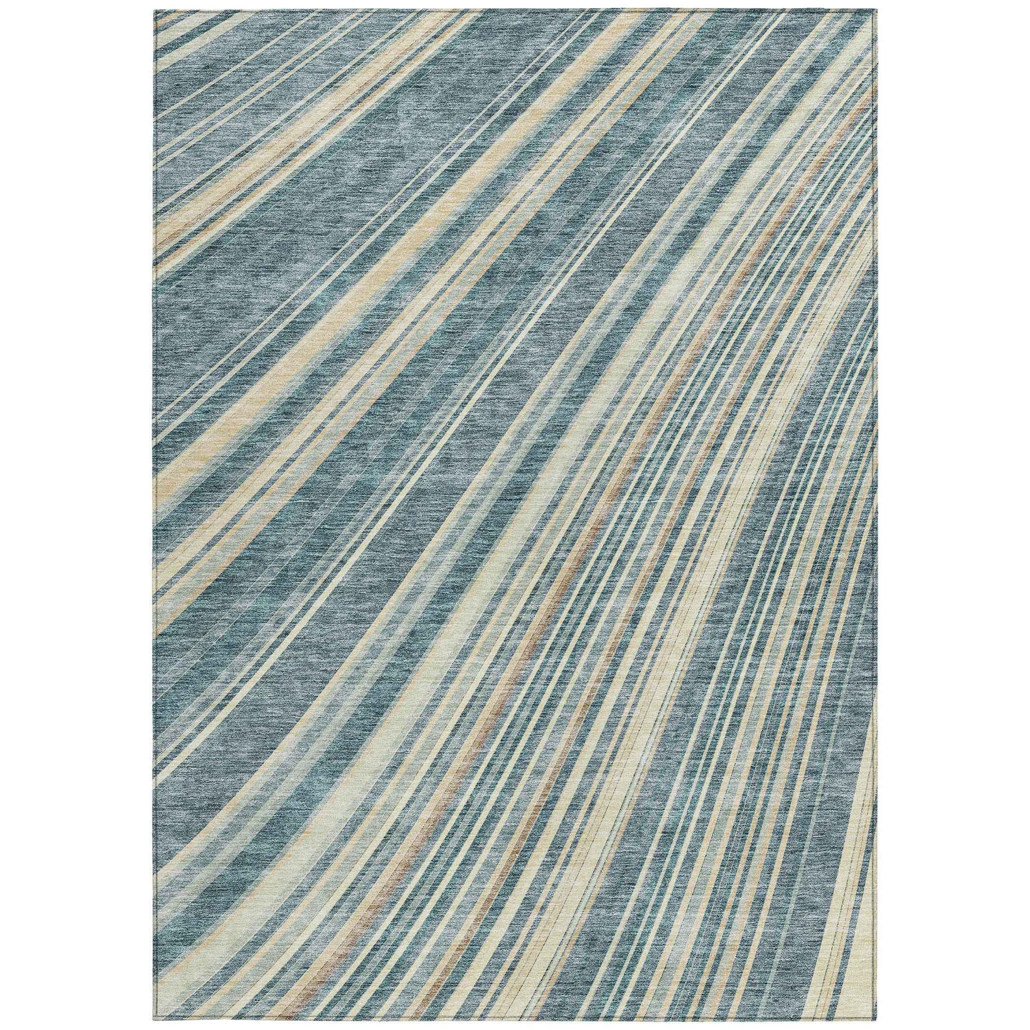 3' X 5' Sky Blue Beige And Tan Striped Washable Indoor Outdoor Area Rug