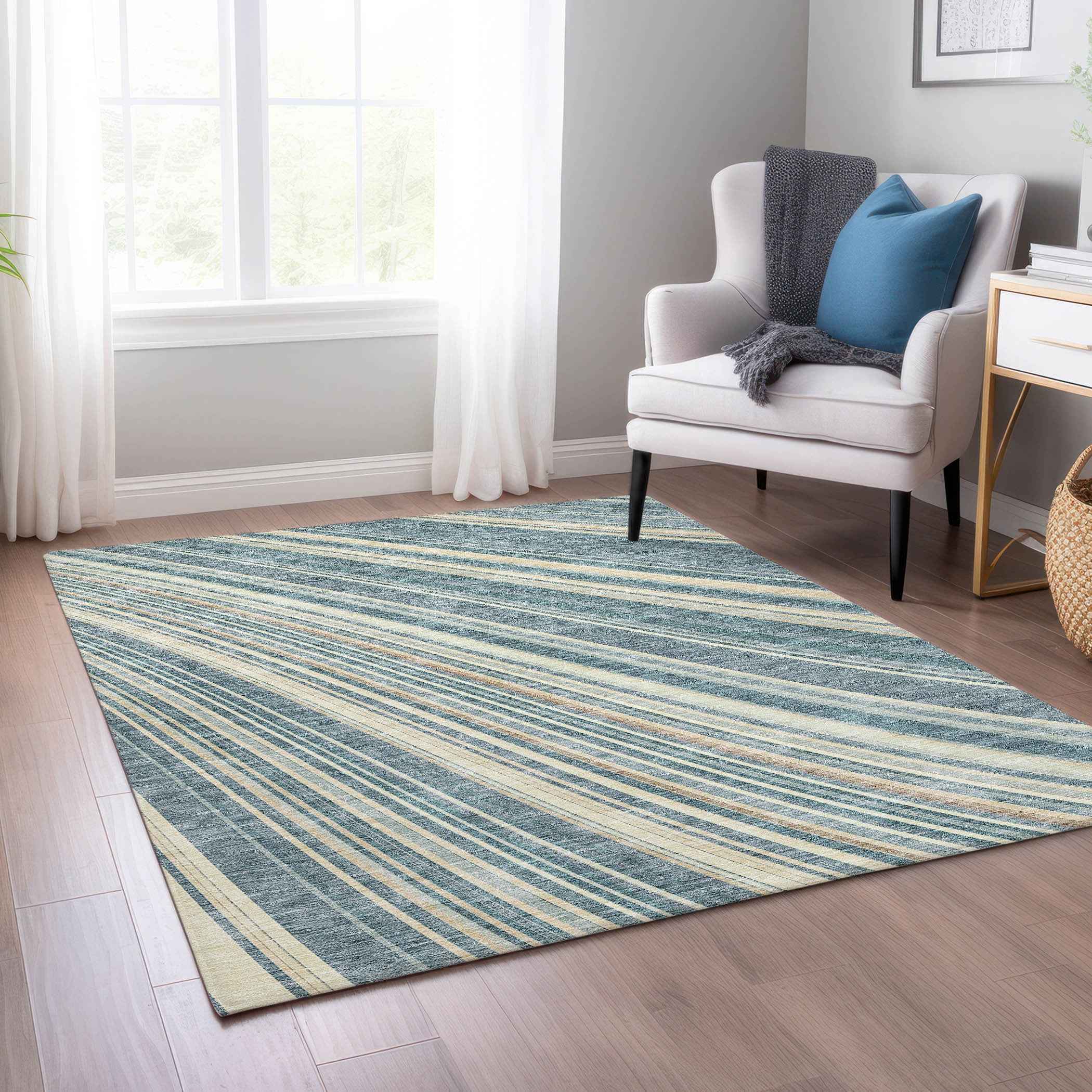 3' X 5' Sky Blue Beige And Tan Striped Washable Indoor Outdoor Area Rug