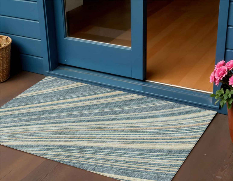3' X 5' Sky Blue Beige And Tan Striped Washable Indoor Outdoor Area Rug
