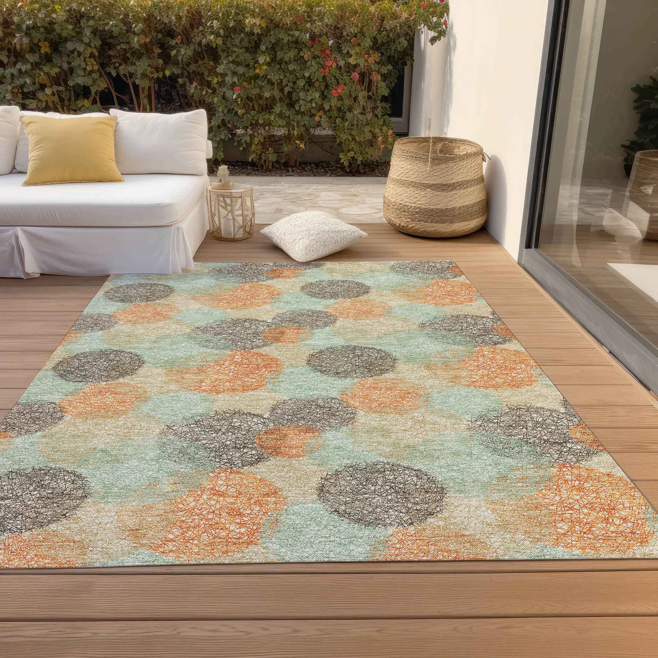 3' X 5' Beige Aqua And Orange Polka Dot Washable Indoor Outdoor Area Rug
