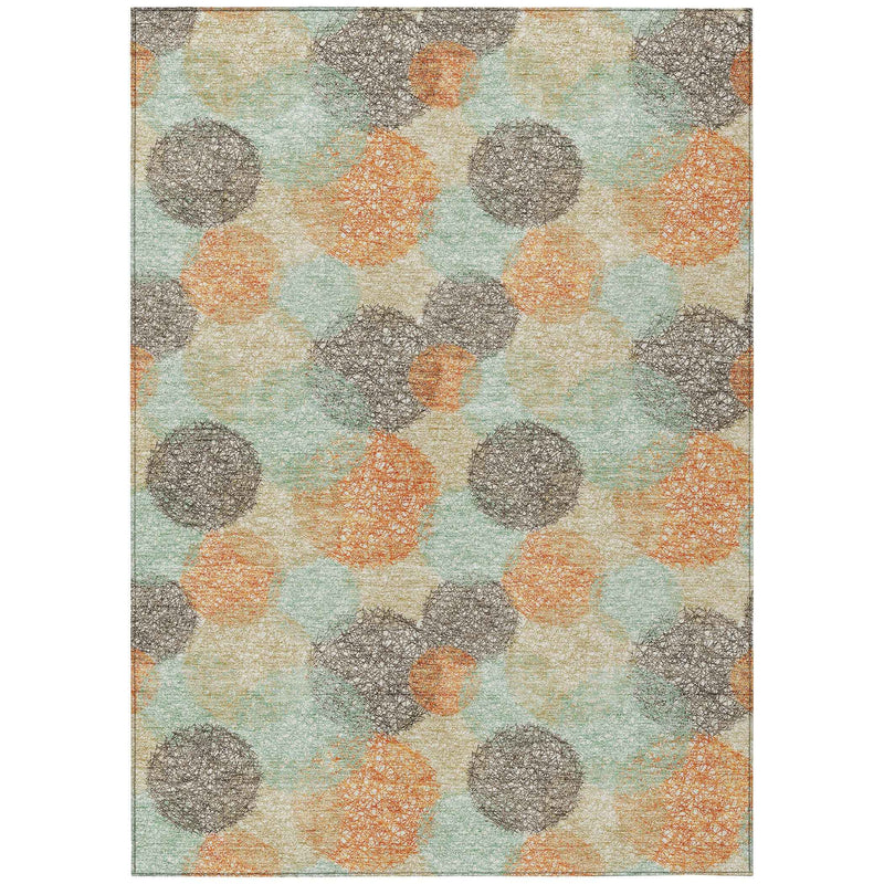 3' X 5' Beige Aqua And Orange Polka Dot Washable Indoor Outdoor Area Rug