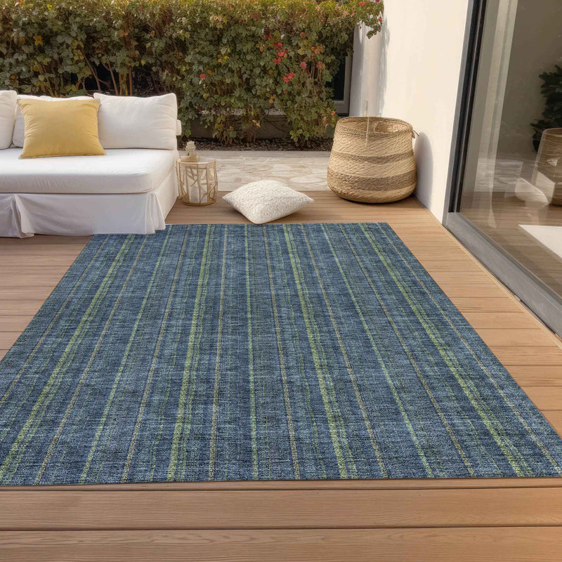 10' X 14' Blue Denim Blue And Mint Green Striped Washable Indoor Outdoor Area Rug