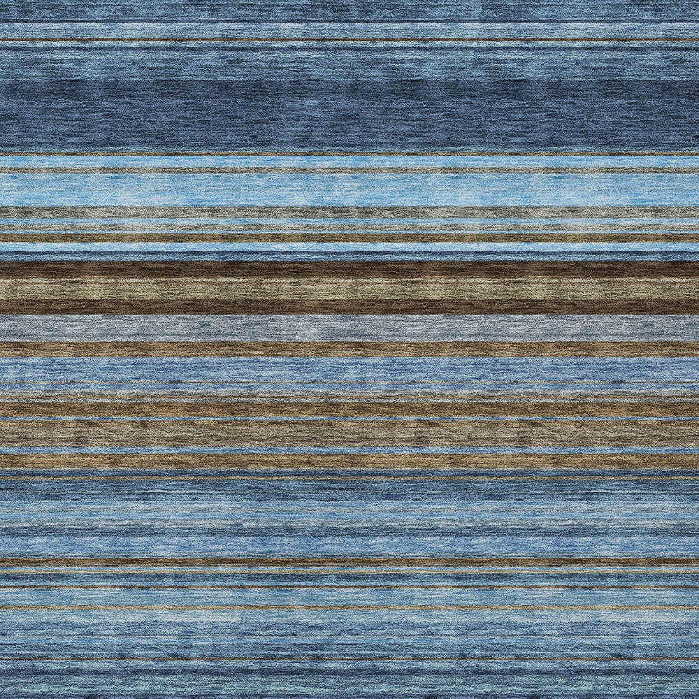 10' X 14' Navy Blue Sky Blue And Taupe Striped Washable Indoor Outdoor Area Rug - Sports & Outdoor