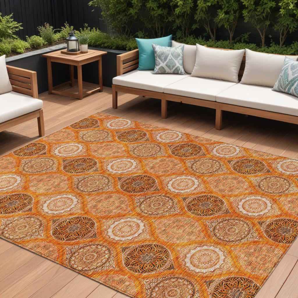 8' X 10' Orange Ivory And Gray Floral Medallion Washable Indoor Outdoor Area Rug