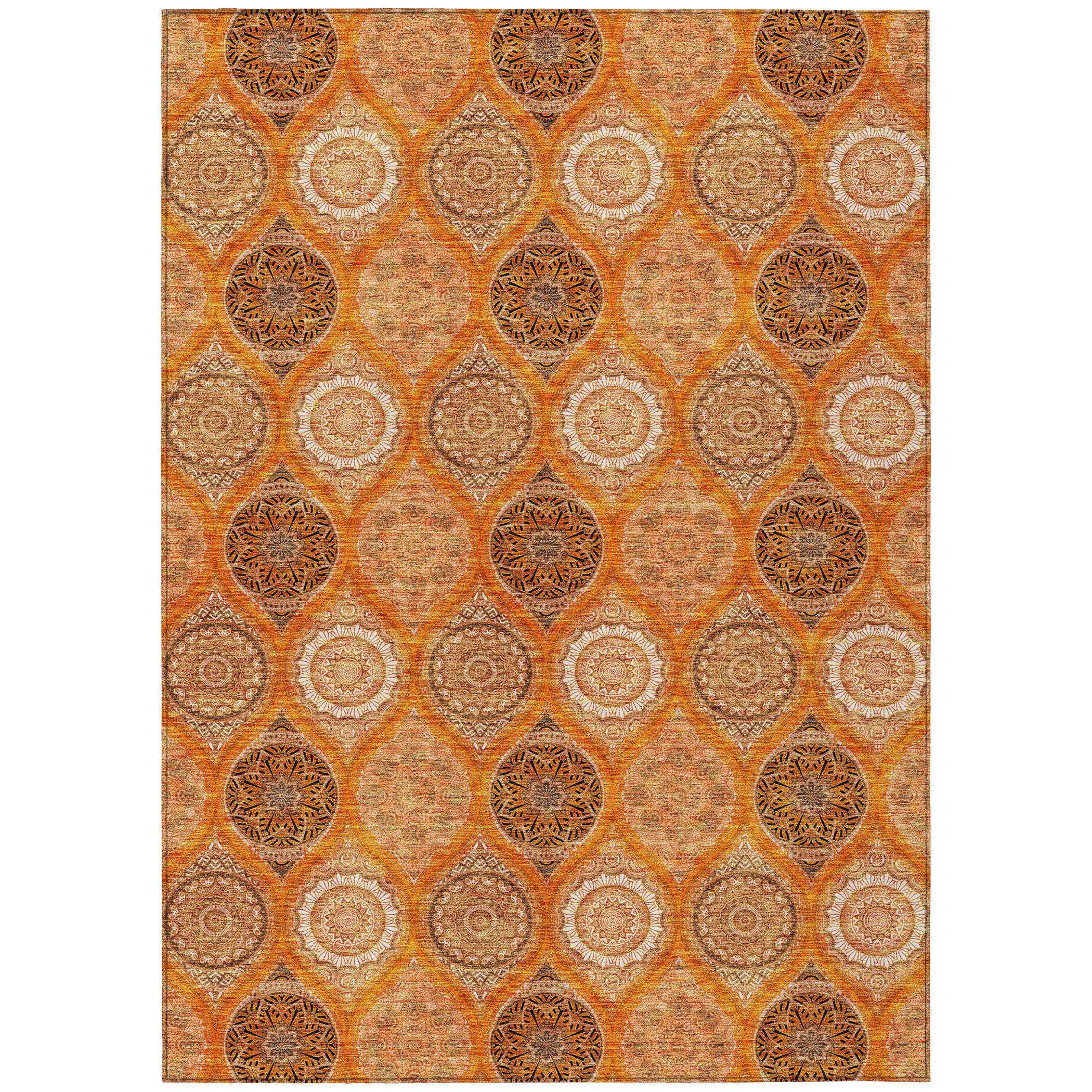 8' X 10' Orange Ivory And Gray Floral Medallion Washable Indoor Outdoor Area Rug