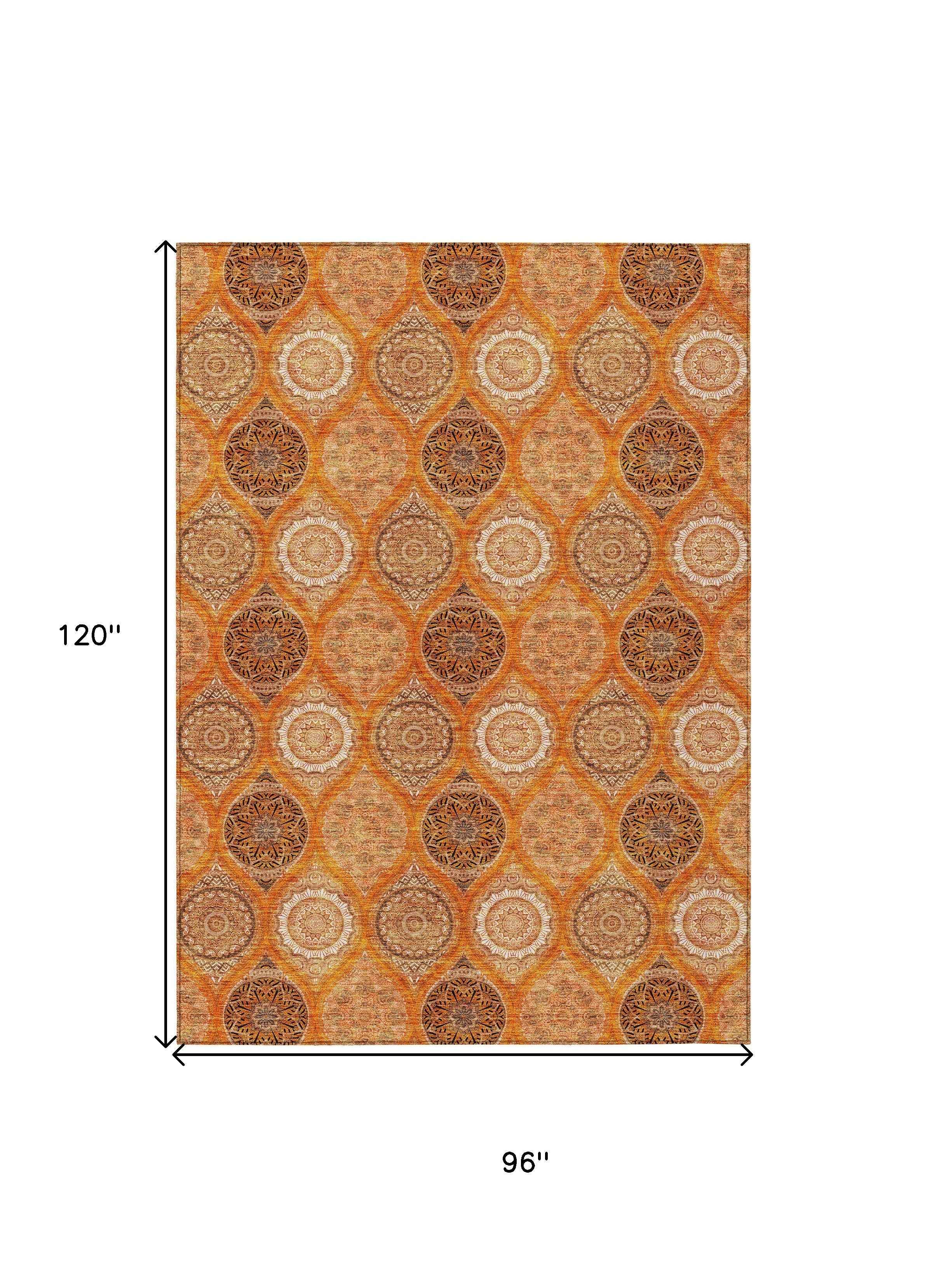 8' X 10' Orange Ivory And Gray Floral Medallion Washable Indoor Outdoor Area Rug