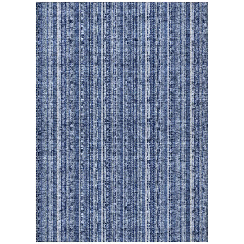 10' X 14' Denim Blue And Ivory Striped Washable Indoor Outdoor Area Rug