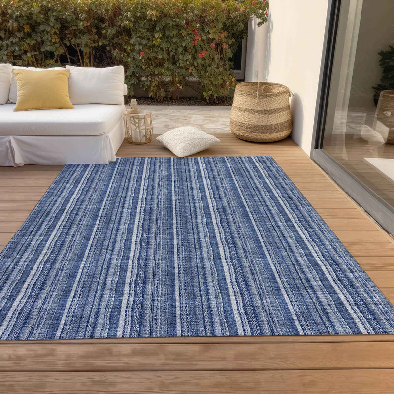 10' X 14' Denim Blue And Ivory Striped Washable Indoor Outdoor Area Rug