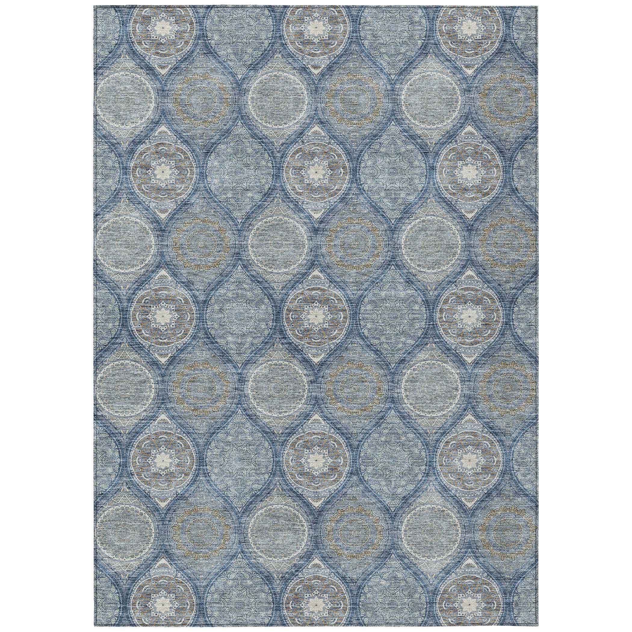 8' X 10' Navy Blue Ivory And Taupe Floral Medallion Washable Indoor Outdoor Area Rug