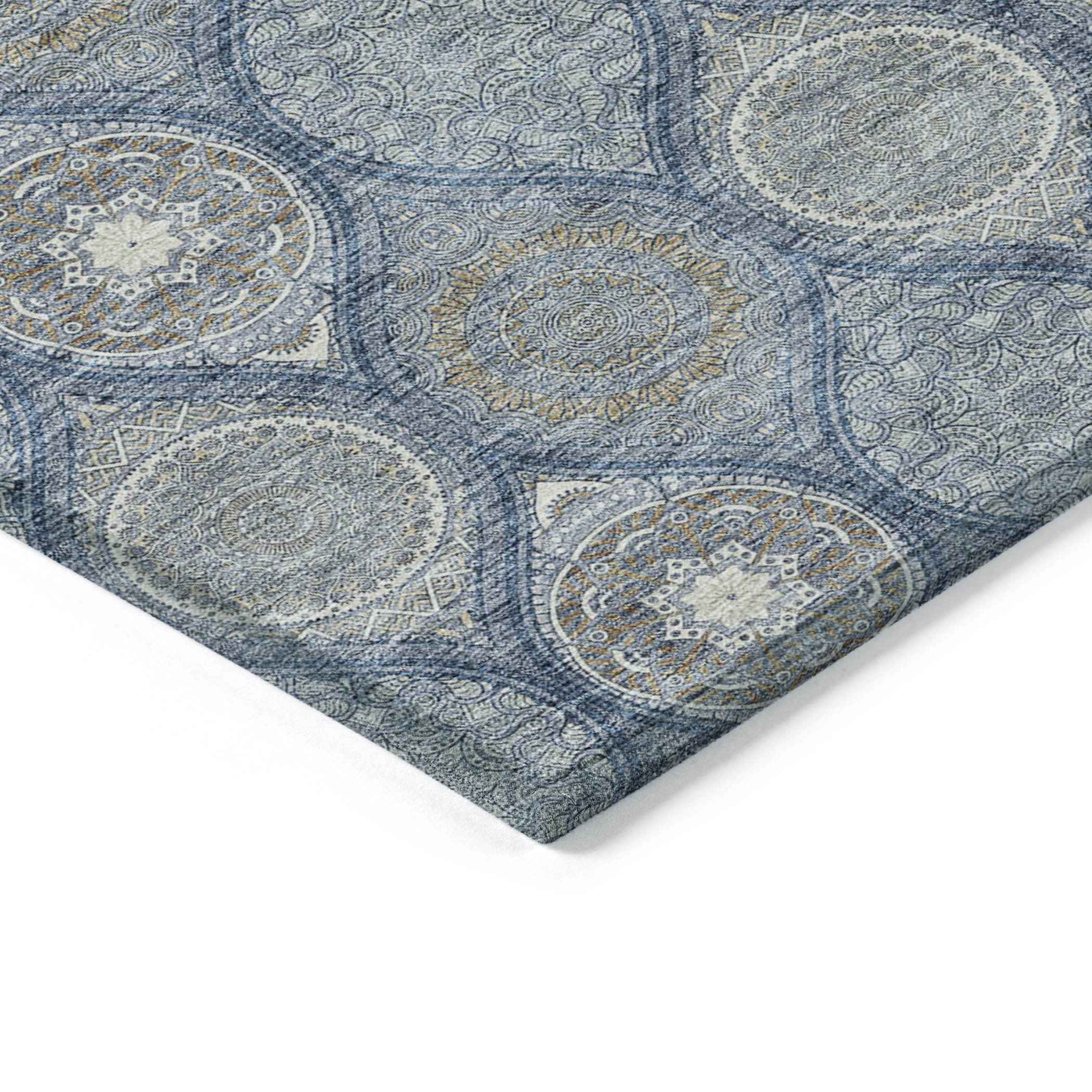 8' X 10' Navy Blue Ivory And Taupe Floral Medallion Washable Indoor Outdoor Area Rug