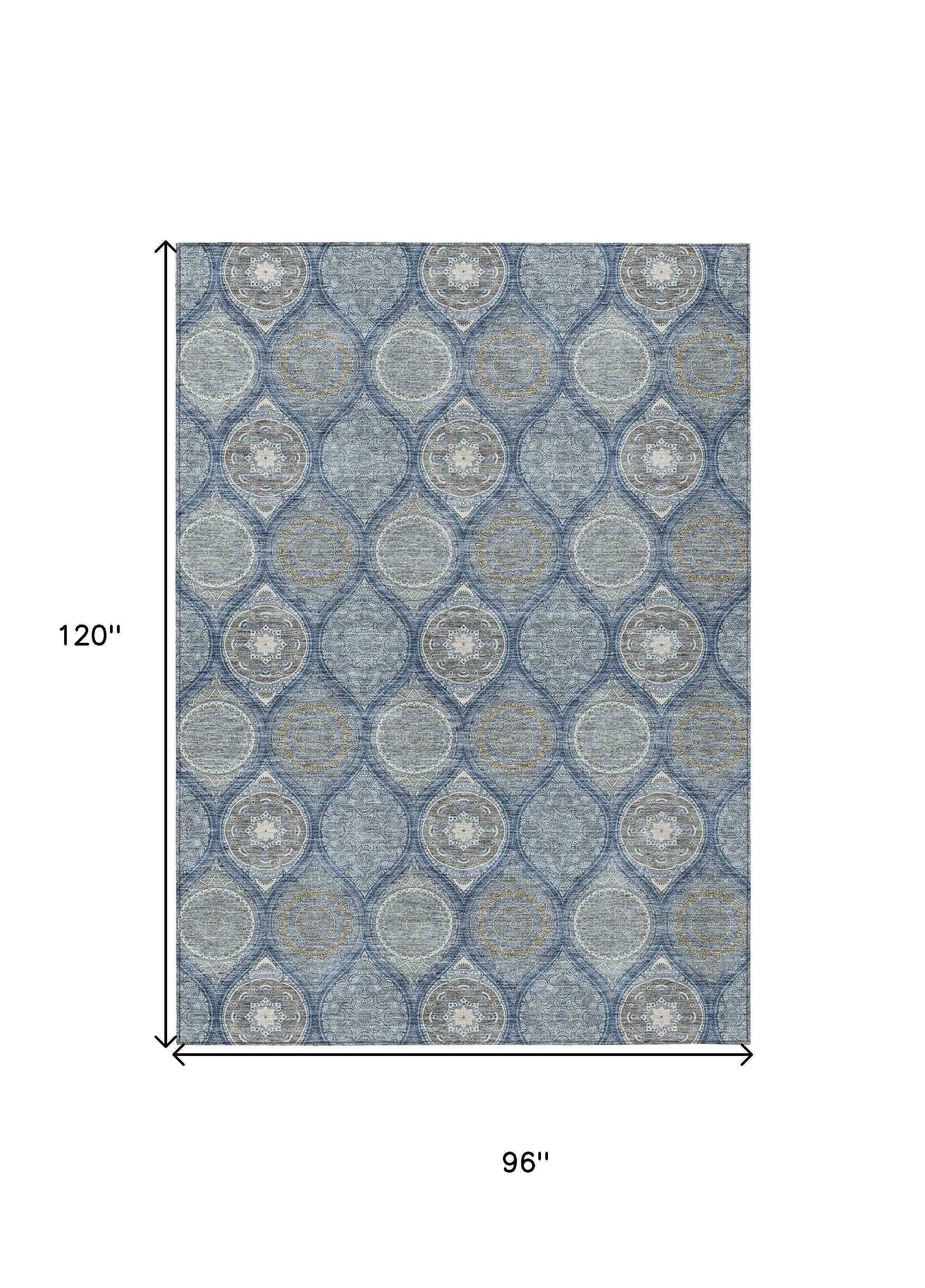 8' X 10' Navy Blue Ivory And Taupe Floral Medallion Washable Indoor Outdoor Area Rug