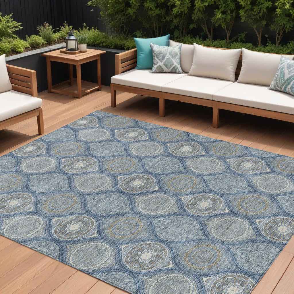8' X 10' Navy Blue Ivory And Taupe Floral Medallion Washable Indoor Outdoor Area Rug