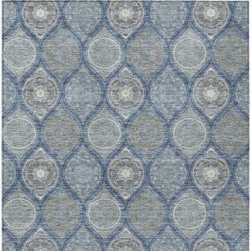 8' X 10' Navy Blue Ivory And Taupe Floral Medallion Washable Indoor Outdoor Area Rug