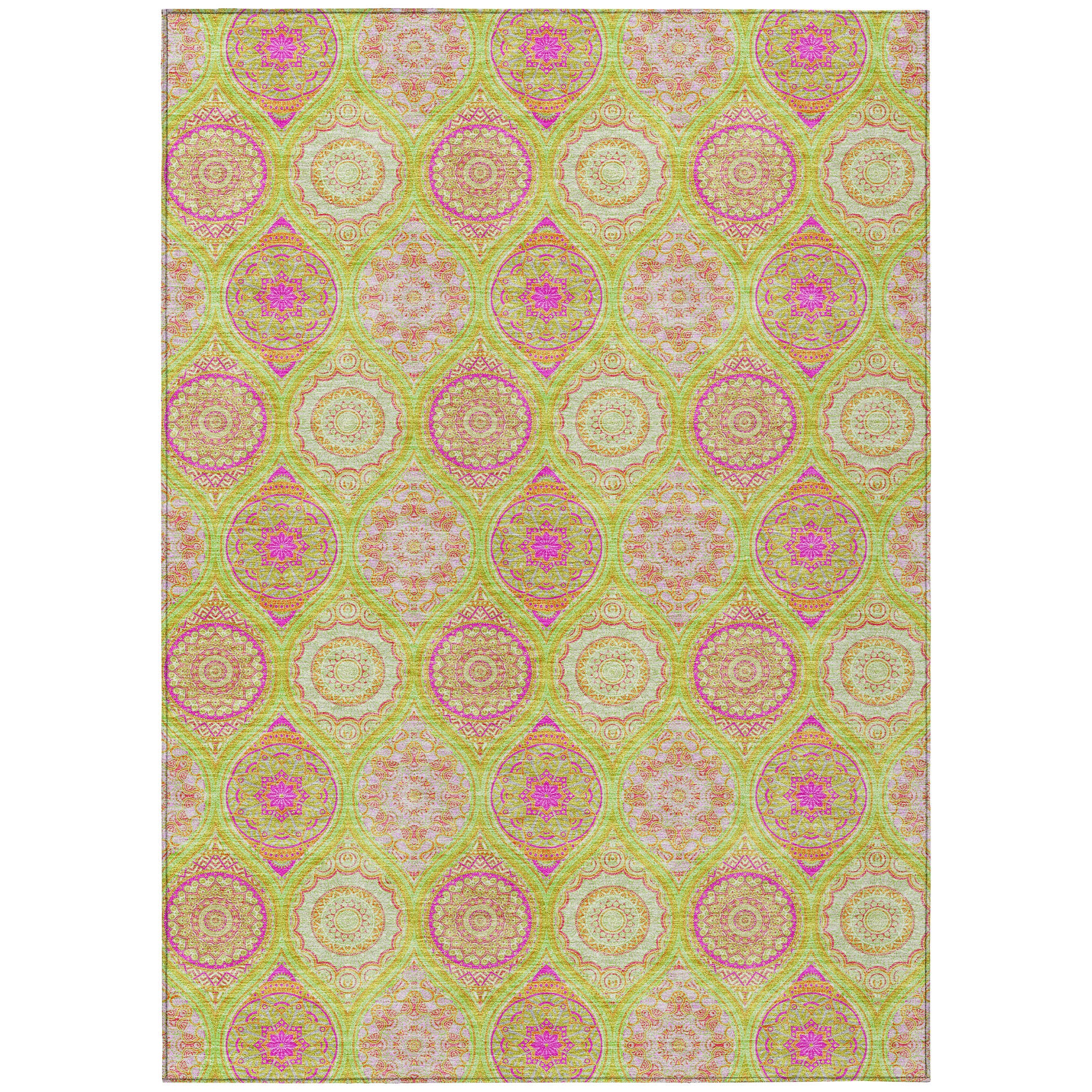 5' X 8' Lime Green Pink And Ivory Floral Medallion Washable Indoor Outdoor Area Rug - Sports & Outdoor