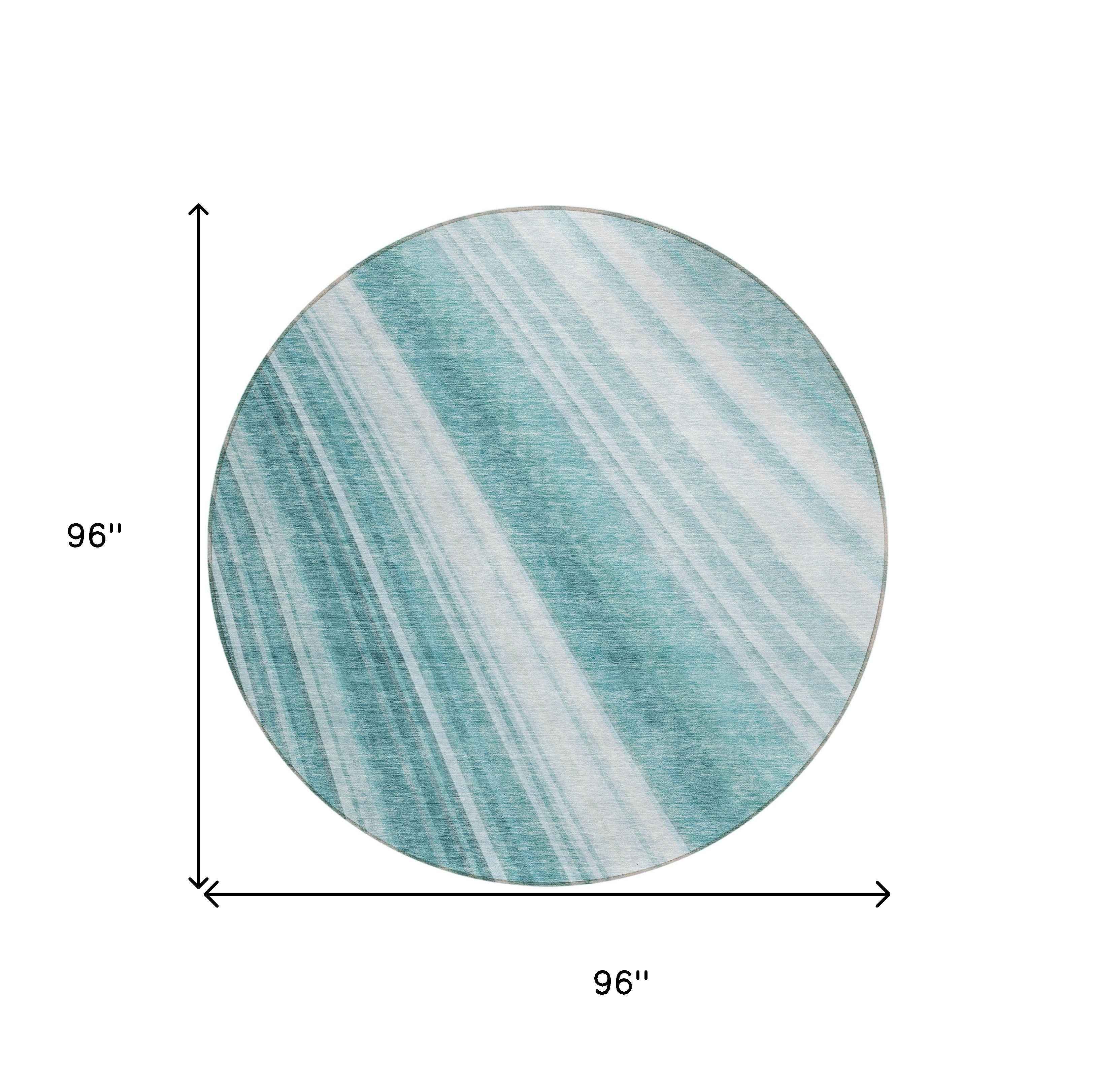 8' Teal Blue Turquoise And Aqua Round Striped Washable Indoor Outdoor Area Rug